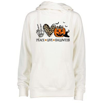 Peace Love Halloween Happy Halloween Pumpkin Leopard Heart Womens Funnel Neck Pullover Hood