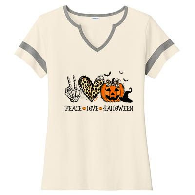 Peace Love Halloween Happy Halloween Pumpkin Leopard Heart Ladies Halftime Notch Neck Tee