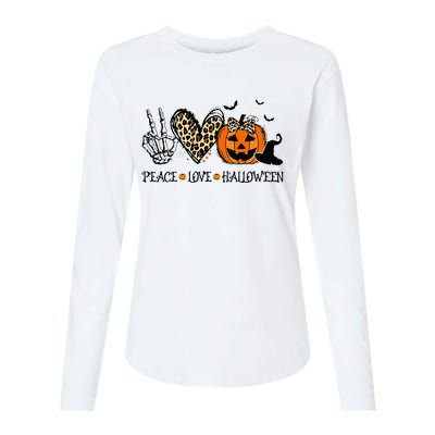 Peace Love Halloween Happy Halloween Pumpkin Leopard Heart Womens Cotton Relaxed Long Sleeve T-Shirt