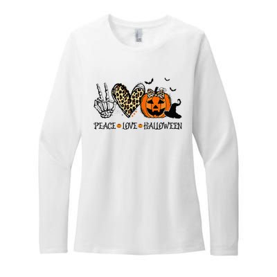 Peace Love Halloween Happy Halloween Pumpkin Leopard Heart Womens CVC Long Sleeve Shirt