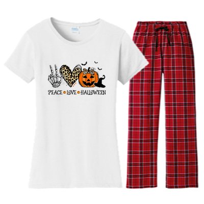 Peace Love Halloween Happy Halloween Pumpkin Leopard Heart Women's Flannel Pajama Set