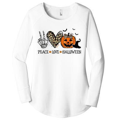 Peace Love Halloween Happy Halloween Pumpkin Leopard Heart Women's Perfect Tri Tunic Long Sleeve Shirt