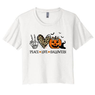 Peace Love Halloween Happy Halloween Pumpkin Leopard Heart Women's Crop Top Tee