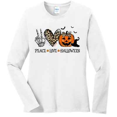 Peace Love Halloween Happy Halloween Pumpkin Leopard Heart Ladies Long Sleeve Shirt