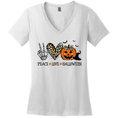 Peace Love Halloween Happy Halloween Pumpkin Leopard Heart Women's V-Neck T-Shirt