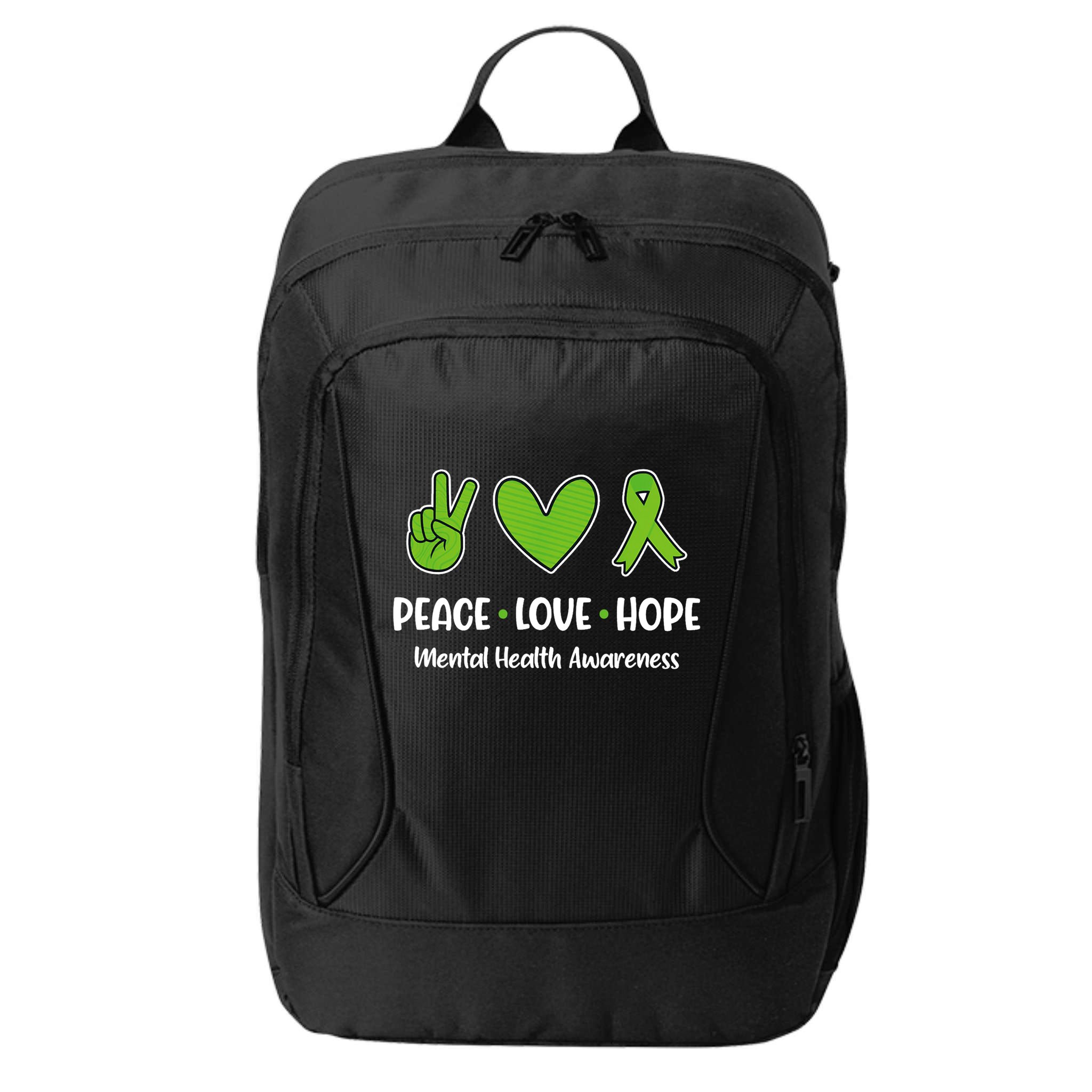 Peace Love Hope Mental Health Awareness Green Ribbon Funny City Backpack