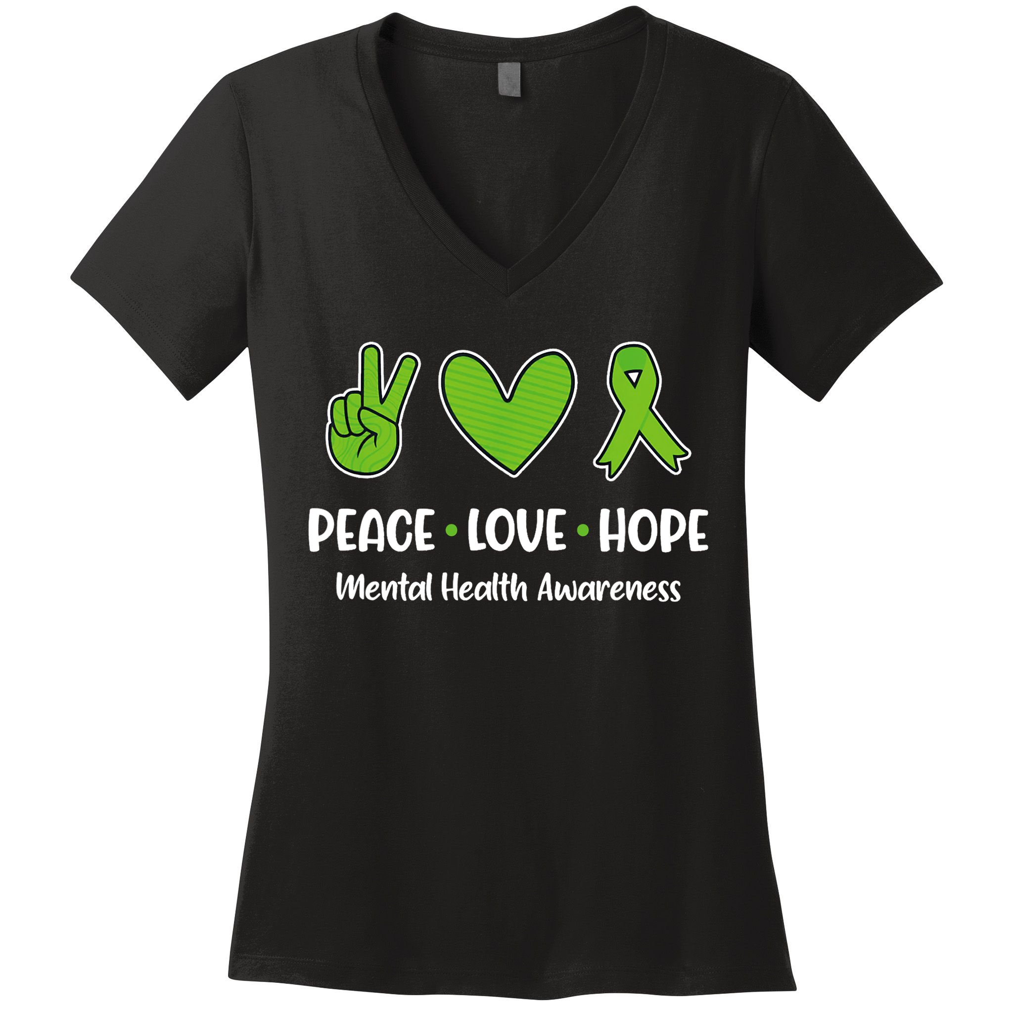 Peace Love Hope Mental Health Awareness Green Ribbon Funny Women's V-Neck T-Shirt