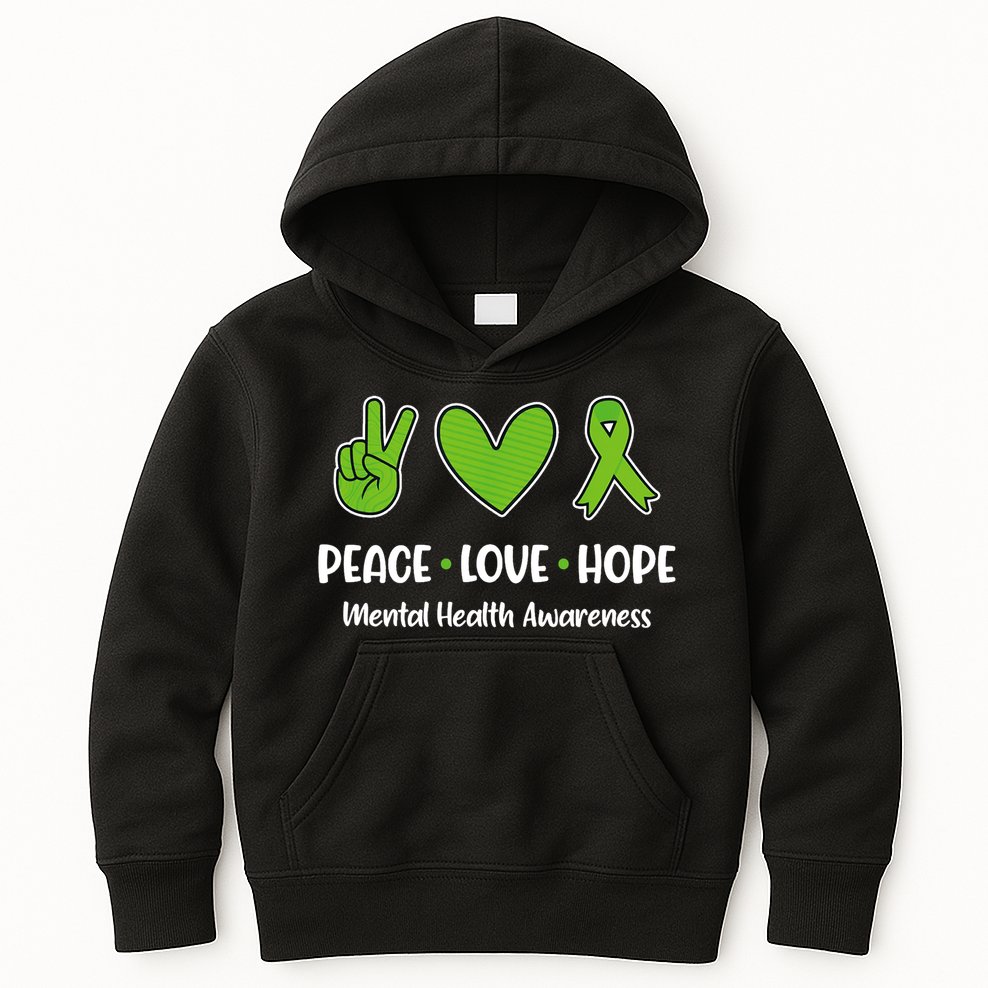 Peace Love Hope Mental Health Awareness Green Ribbon Funny Kids Hoodie