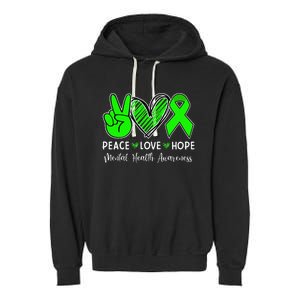 Peace Love Hope Mental Health Awareness Month Green Ribbon Garment-Dyed Fleece Hoodie