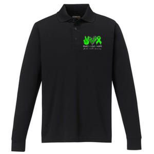 Peace Love Hope Mental Health Awareness Month Green Ribbon Performance Long Sleeve Polo