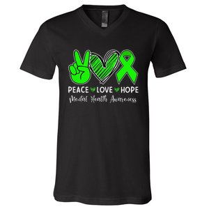 Peace Love Hope Mental Health Awareness Month Green Ribbon V-Neck T-Shirt