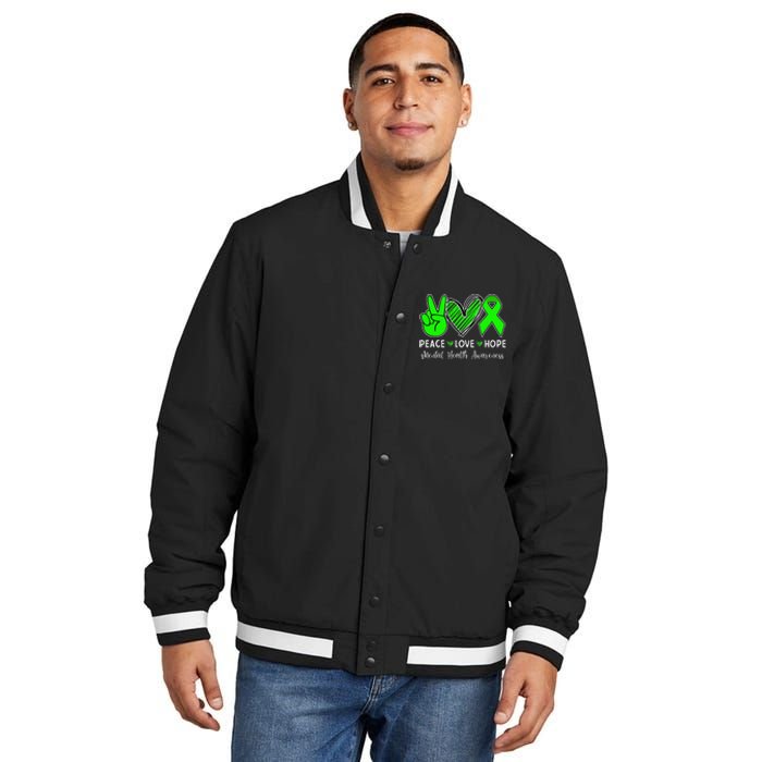 Peace Love Hope Mental Health Awareness Month Green Ribbon Insulated Varsity Jacket