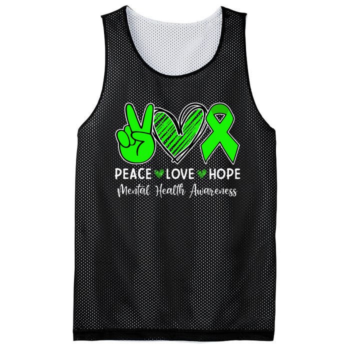 Peace Love Hope Mental Health Awareness Month Green Ribbon Mesh Reversible Basketball Jersey Tank