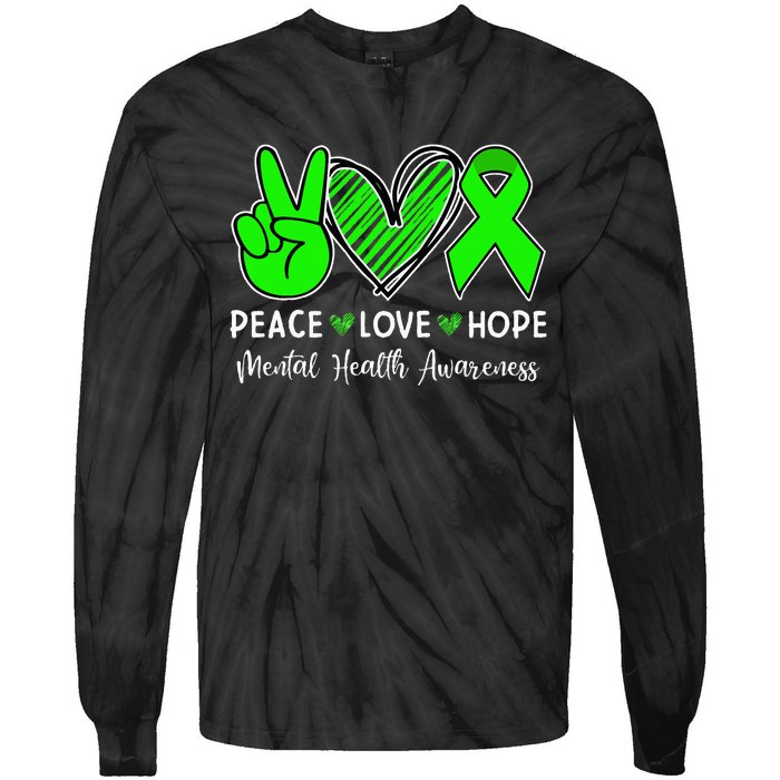 Peace Love Hope Mental Health Awareness Month Green Ribbon Tie-Dye Long Sleeve Shirt