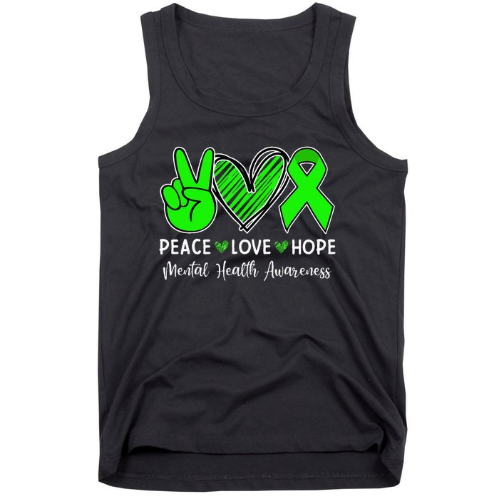 Peace Love Hope Mental Health Awareness Month Green Ribbon Tank Top