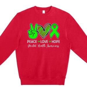 Peace Love Hope Mental Health Awareness Month Green Ribbon Premium Crewneck Sweatshirt