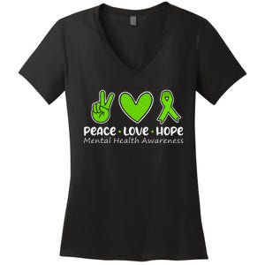 Peace Love Hope Mental Health Awareness Green Ribbon Funny Women's V-Neck T-Shirt