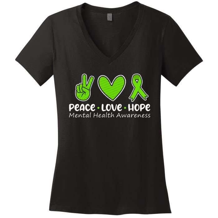 Peace Love Hope Mental Health Awareness Green Ribbon Funny Women's V-Neck T-Shirt