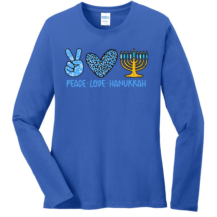 Peace Love Hanukkah Leopard Hanukkah Menorah Jewish  Ladies Long Sleeve Shirt