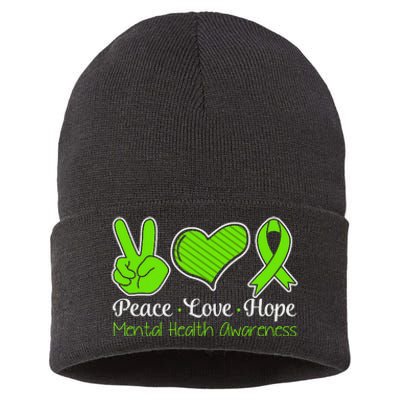 Peace Love Hope Mental Health Awareness Green Ribbon Retro Sustainable Knit Beanie