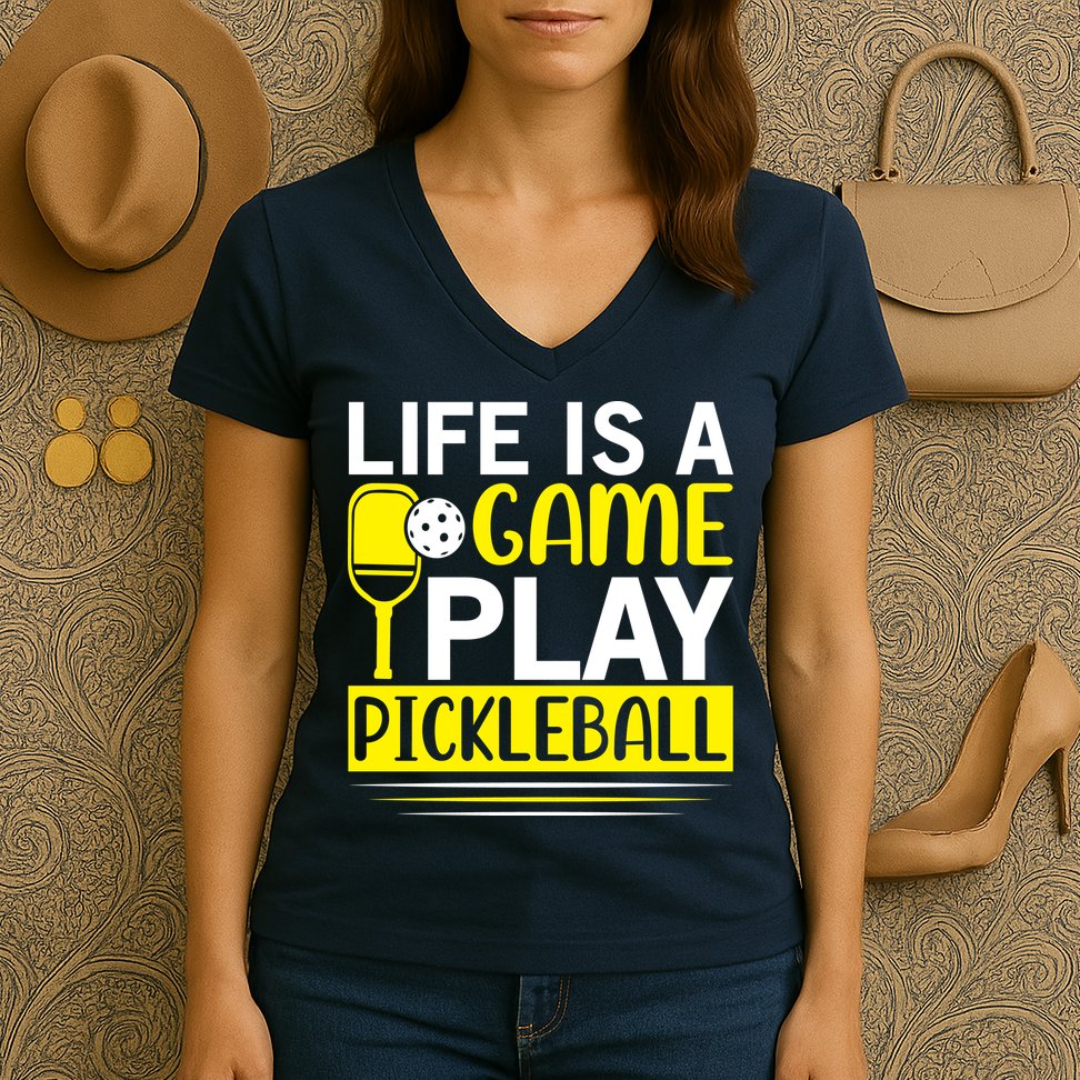 Pickleball Life Is A Game Play Pickleball Funny Pickleball Gift Women's V-Neck T-Shirt