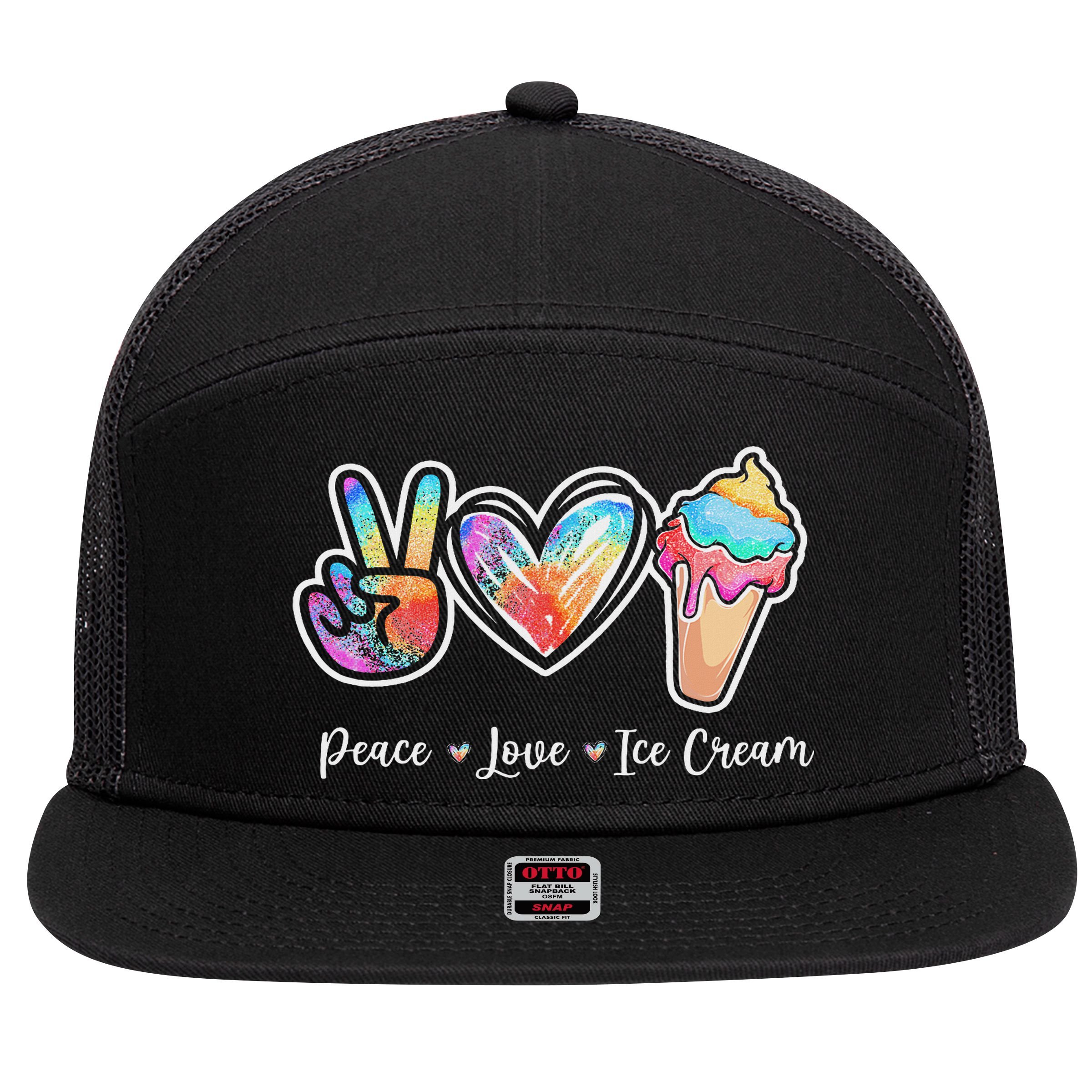 Peace Love Ice Cream Cute For Ns Women 7 Panel Mesh Trucker Snapback Hat
