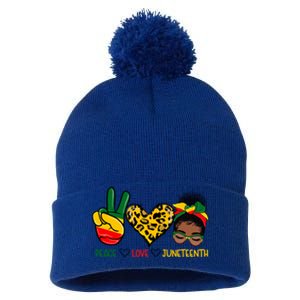 Peace Love Juneteenth Black History Black Messy Bun Gift Pom Pom 12in Knit Beanie