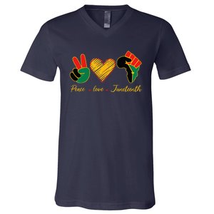 Peace Love Juneteenth Pride Black Black Queen & King V-Neck T-Shirt