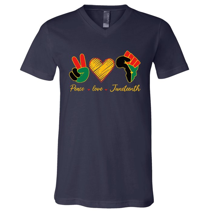 Peace Love Juneteenth Pride Black Black Queen & King V-Neck T-Shirt