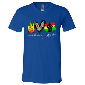 Peace Love Juneteenth Fist Black Black Queen & King V-Neck T-Shirt