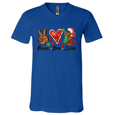 Peace Love Jesus Leopard Cross Christmas Pjs Xmas Pajamas Swea V-Neck T-Shirt