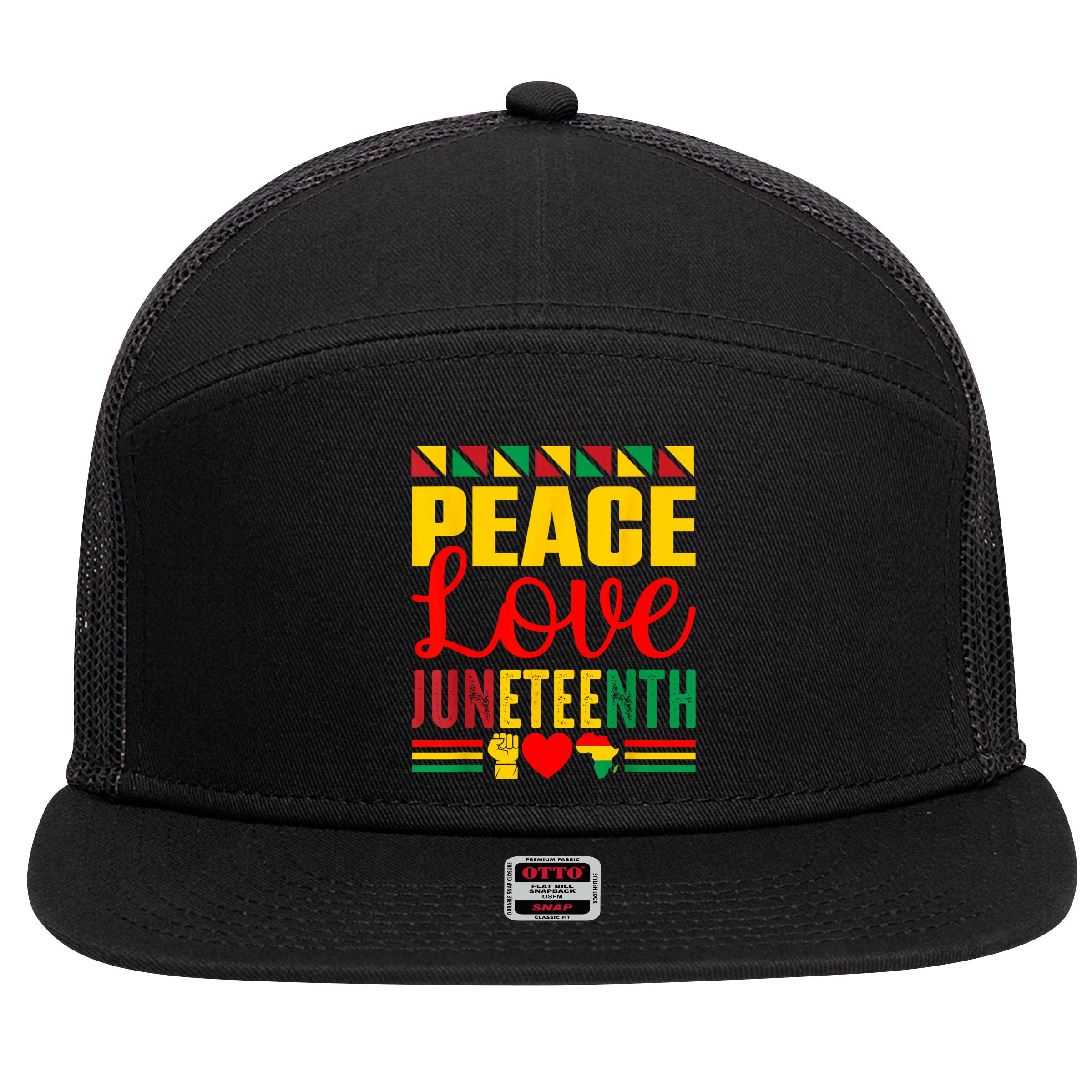 Peace Love & Juneteenth June 19th Freedom Day 7 Panel Mesh Trucker Snapback Hat