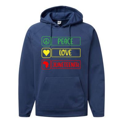 Peace Love Juneteenth Gift African American Pride Strong Black Gift Performance Fleece Hoodie