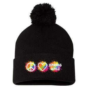 Peace Love Kamala Harris Walz Peace Sign Heart Harris Walz Pom Pom 12in Knit Beanie