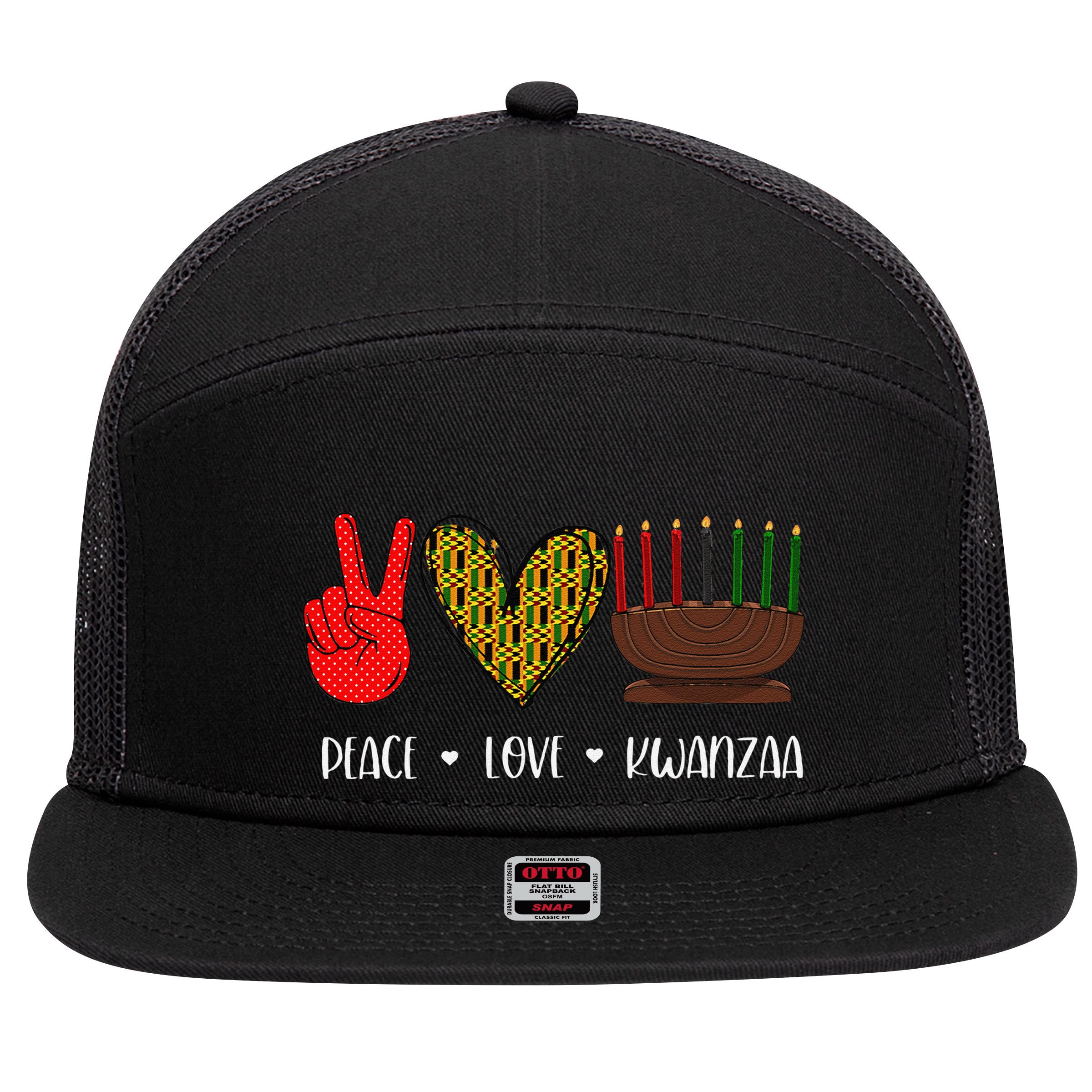 Peace Love Kwanzaa Pajamas African Happy Kwanzaa Matching 7 Panel Mesh Trucker Snapback Hat