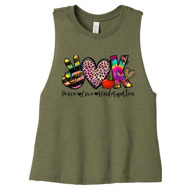 Peace Love Kindergarten Teacher Girls Back To School Funny Women's Racerback Cropped Tank