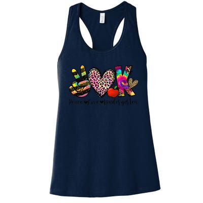 Peace Love Kindergarten Teacher Girls Back To School Funny Women's Racerback Tank