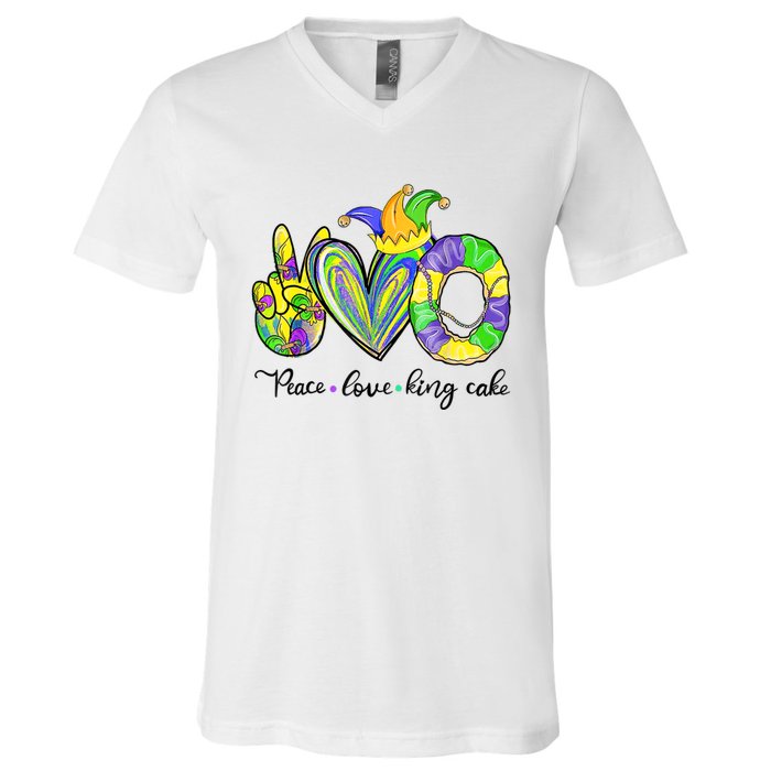 Peace Love King Cake Mardi Gras V-Neck T-Shirt