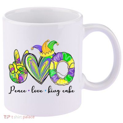 Peace Love King Cake Mardi Gras 11oz C Handle Ceramic Mug