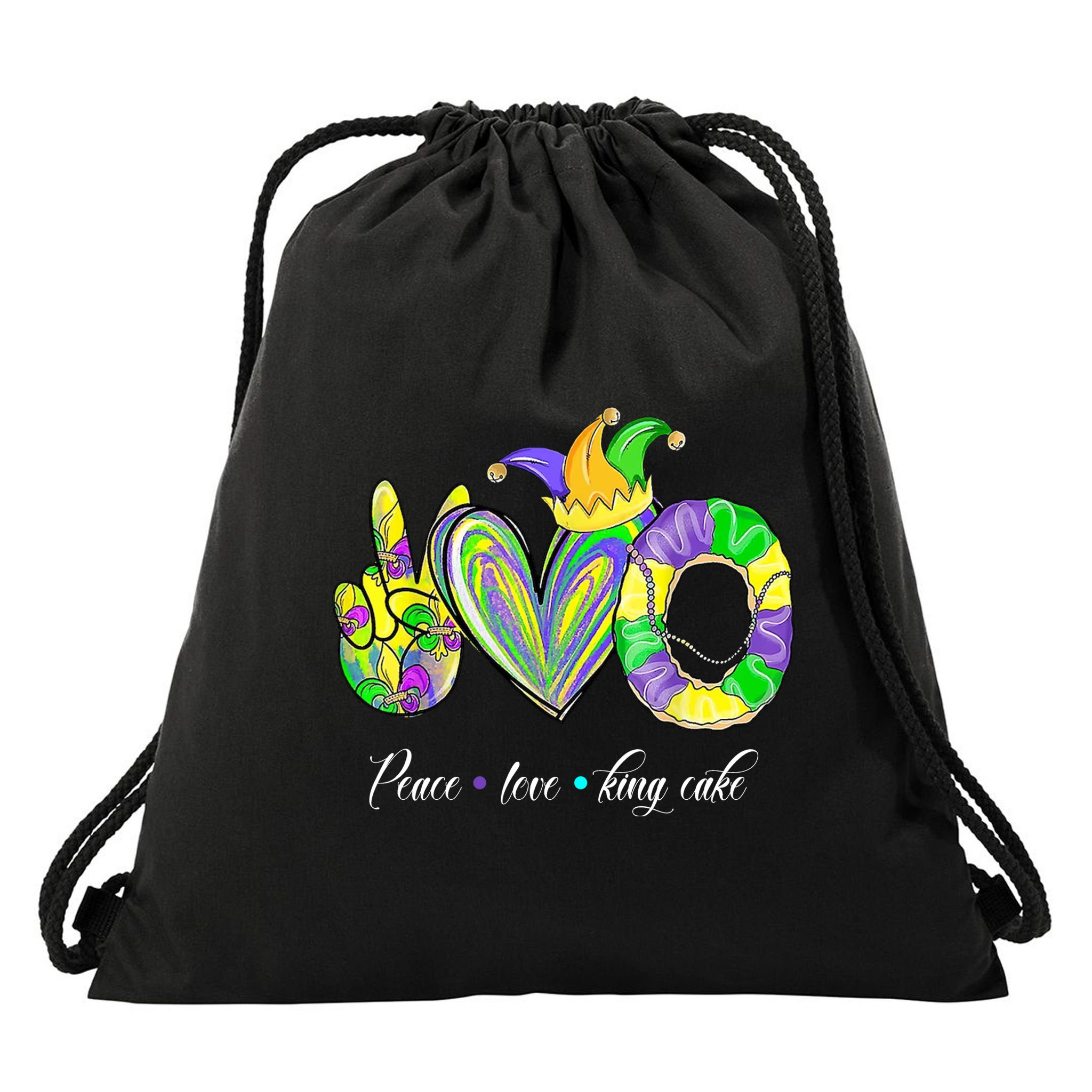 Peace Love King Cake Mardi Gras Drawstring Bag