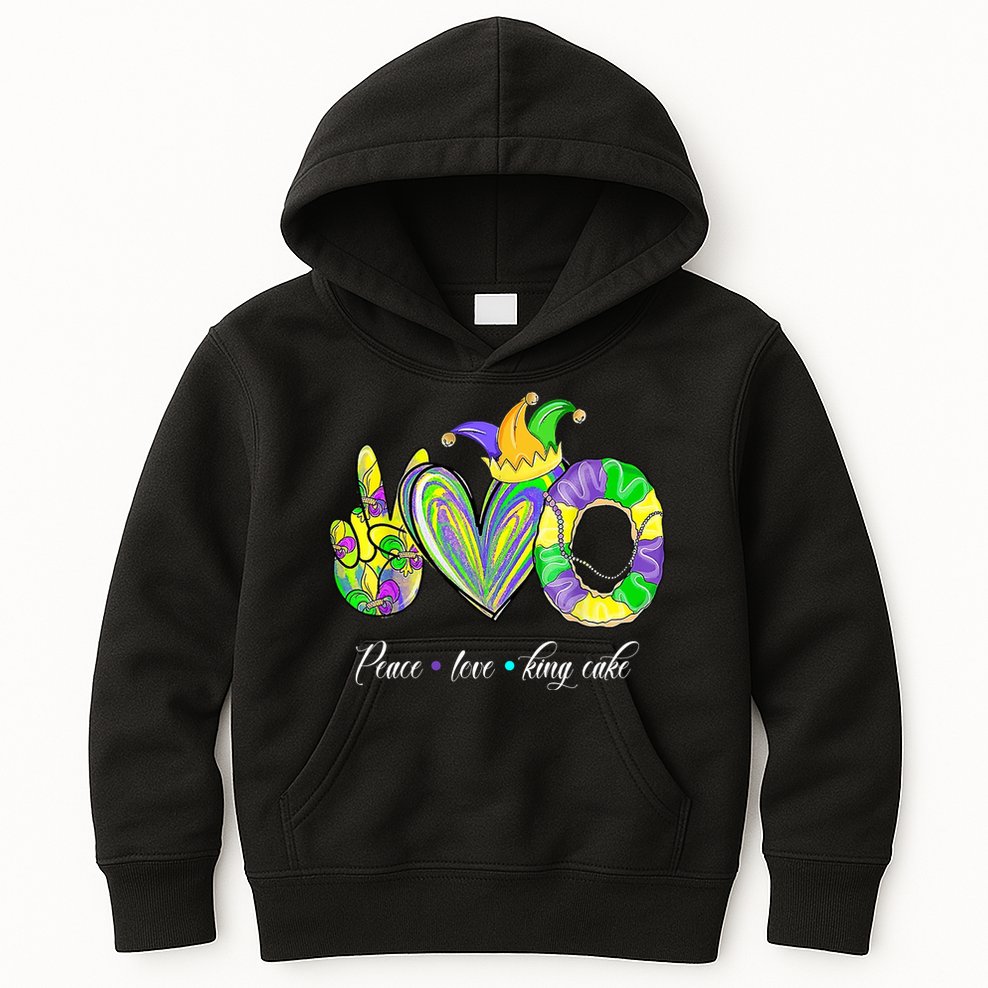 Peace Love King Cake Mardi Gras Kids Hoodie
