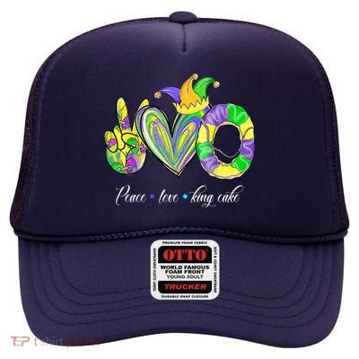 Peace Love King Cake Mardi Gras High Crown Mesh Back Trucker Hat