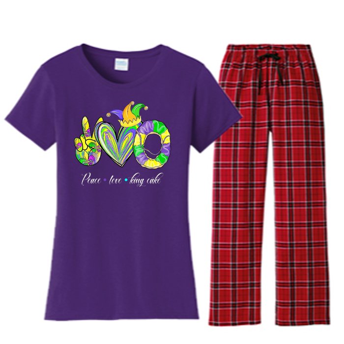 Peace Love King Cake Mardi Gras Women's Flannel Pajama Set