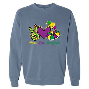 Peace Love King Cake Funny Mardi Gras Festival Carnival Gift Garment-Dyed Sweatshirt