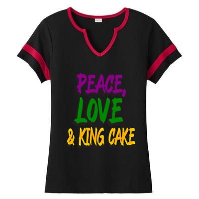 Peace Love King Cake Funny Mardi Gras Festival Party Outfit Gift Ladies Halftime Notch Neck Tee