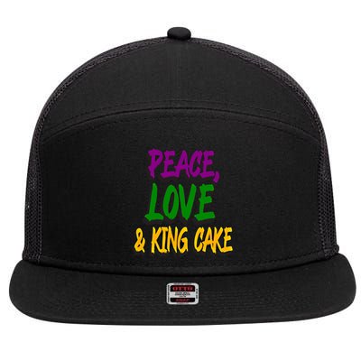 Peace Love King Cake Funny Mardi Gras Festival Party Outfit Gift 7 Panel Mesh Trucker Snapback Hat