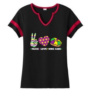 Peace Love King Cake Funny Mardi Gras Party Carnival Great Gift Ladies Halftime Notch Neck Tee