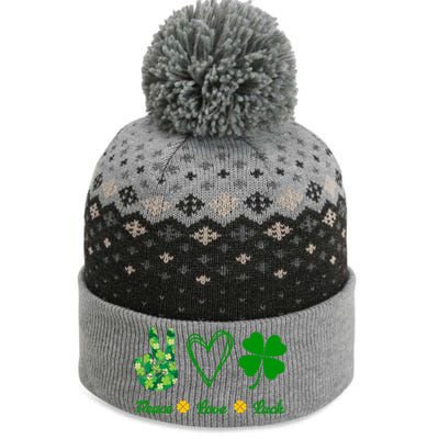 Peace Love Lucky Shamrock Clover Green St Patricks Day Funny Gift Great Gift The Baniff Cuffed Pom Beanie