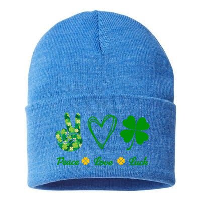 Peace Love Lucky Shamrock Clover Green St Patricks Day Funny Gift Great Gift Sustainable Knit Beanie