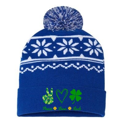 Peace Love Lucky Shamrock Clover Green St Patricks Day Funny Gift Great Gift USA-Made Snowflake Beanie